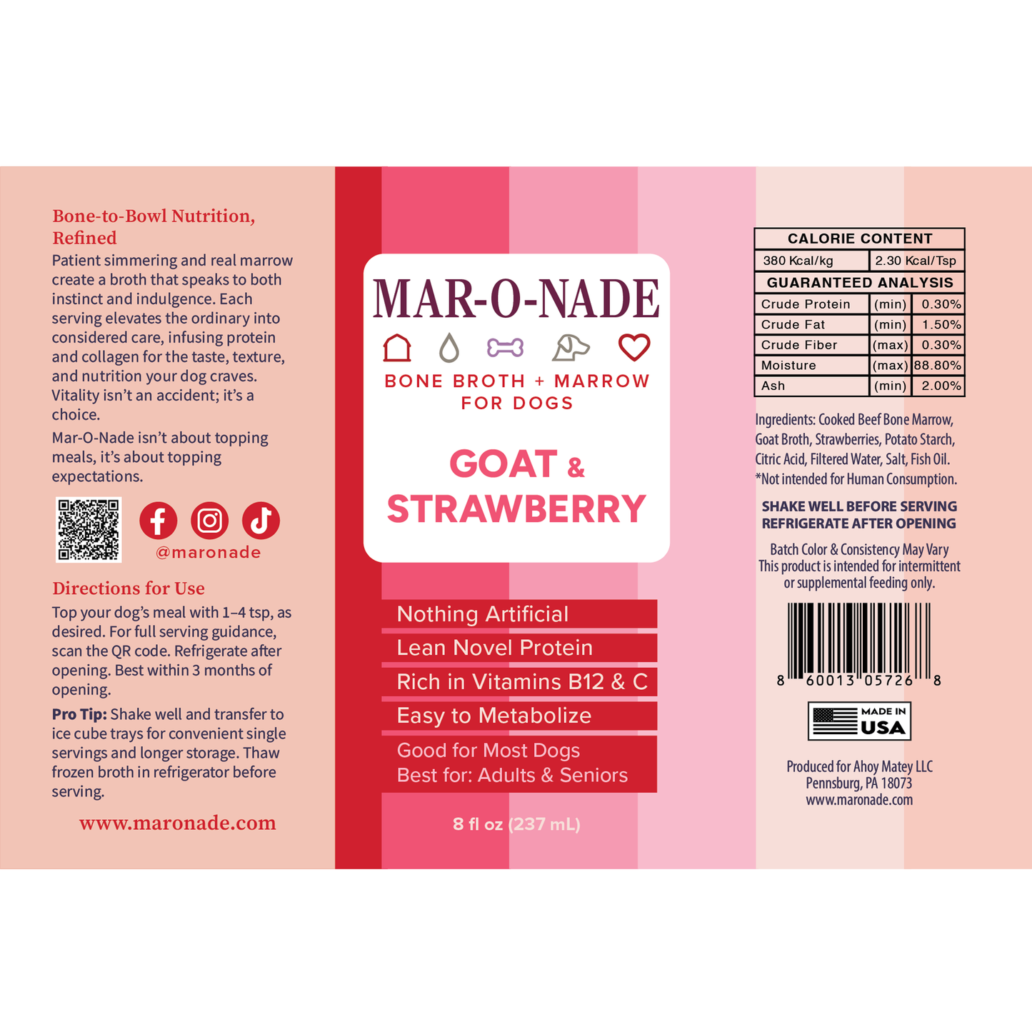 Goat & Strawberry Bone Broth + Marrow for Dogs 8 oz