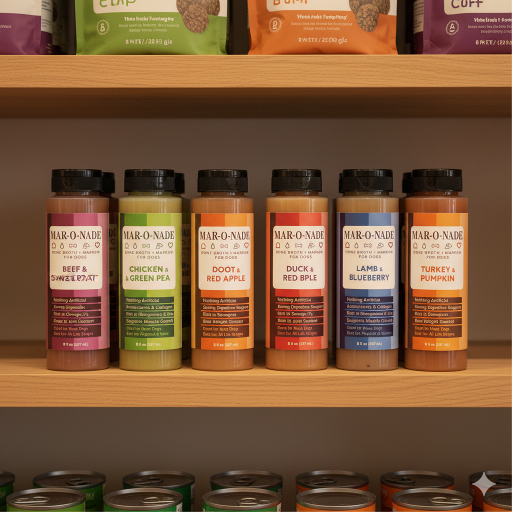 Mar-O-Nade Bone Broth + Marrow for Dogs meal toppers - retail-ready for boutiques.